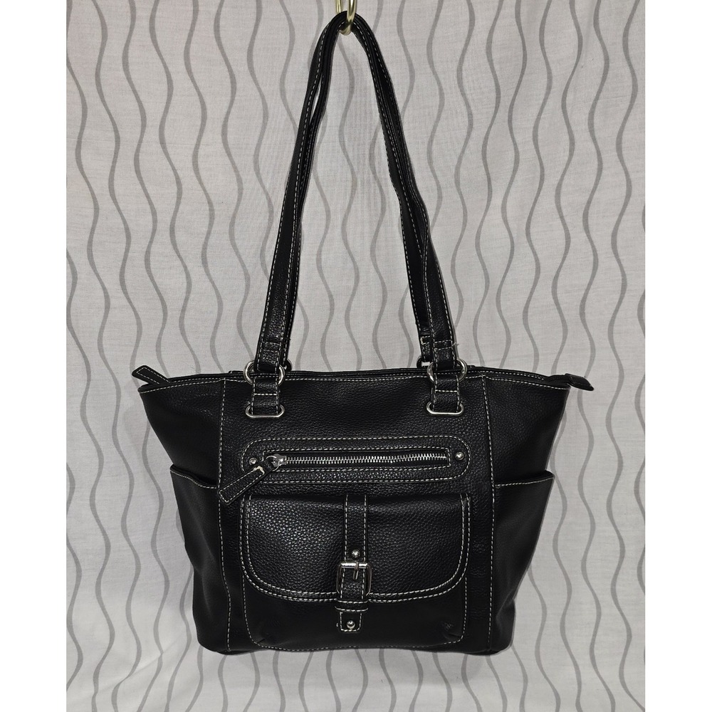 Avon Signature Collection Black Bonded Leather Tote Handbag Multiple Pockets Zip